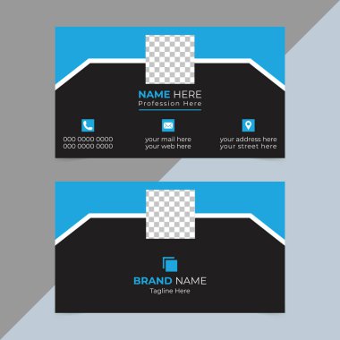 Siyah ve mavi geometrik şekilli ve beyaz metin tutucuları olan iki kenarlı kartvizit şablonu.
