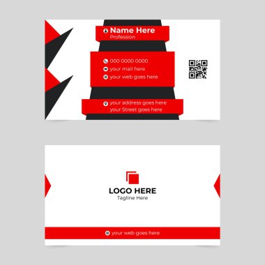 Üzerinde kırmızı siyah-beyaz geometrik tasarım elementleri olan iki taraflı kartvizit şablonu. Ön tarafta isim mesleği ve iletişim bilgileri var. Logo ve web sitesinin arkası.
