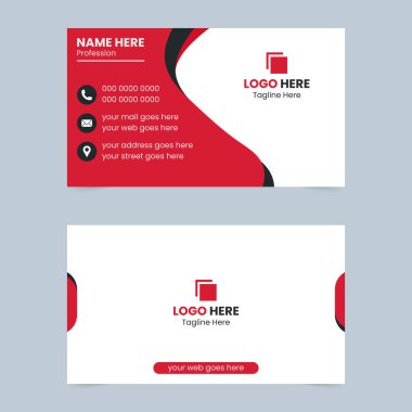 Siyah aksanlı kırmızı beyaz kartvizit. Simgelerle isim, meslek ve iletişim bilgileri için yer tutucu metin.