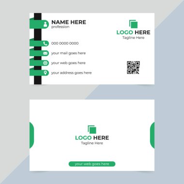 Solunda yeşil kurdele tasarımı olan iki taraflı beyaz kartvizit. Kişi, telefon, e-posta, dünya ve konum simgeleri içeriyor..