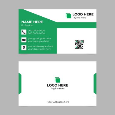 Yeşil aksanlı çift taraflı kartvizit. Ön tarafın adı, mesleği, iletişim simgeleri ve QR kodu var. Sırtın logosu ve web sayfası yer tutucusu var.