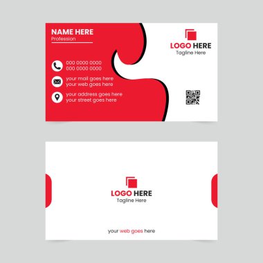 Kırmızı ve beyaz tasarım unsurları olan iki taraflı kartvizit. İsim, meslek, iletişim bilgileri, logo ve QR kodu için özellik sahibi metin.