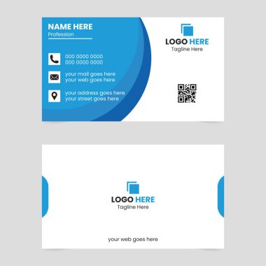 Kişi ikonlarının telefon e- posta konumu ve QR kodu içeren mavi ve beyaz bir kartvizitin önü ve arkası