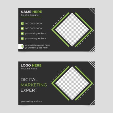 Yeşil aksanlı ve köşegen çizgili iki siyah kartvizit. Her kartın bir resim için seçili bir yer tutucu var.