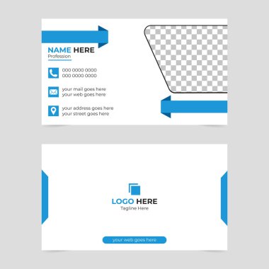 Metin ve resim için mavi grafik elemanları ve yer tutucu alanları olan beyaz kartvizit.