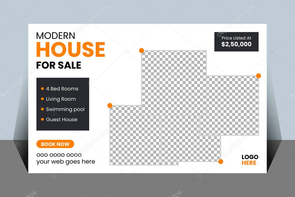 White and orange graphic design for a modern house for sale. Includes price, features, contact info, and placeholder image areas.
