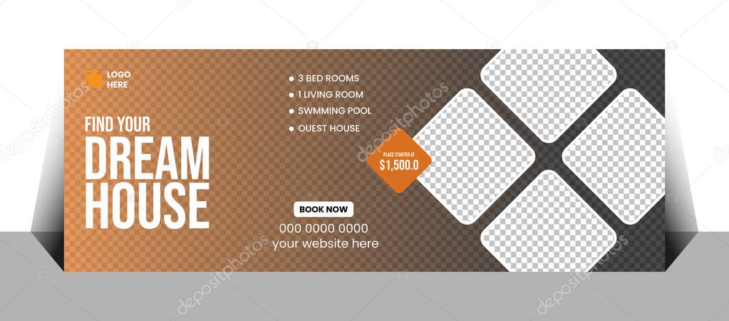 Orange and brown gradient background with white text advertising 