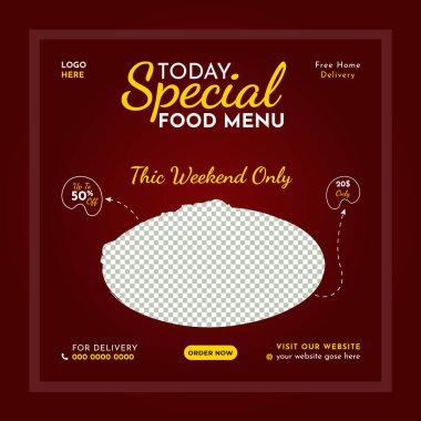 Koyu kırmızı arka plan, sarı ve beyaz metin ile özel bir yemek menüsü ve indirimli hafta sonu teklifini duyuruyor..