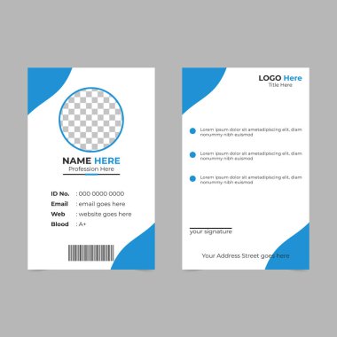 Dairesel fotoğraf tutacağı, isim ve detaylar için metin alanları, bir barkod ve imza alanı olan mavi ve beyaz bir düşey kimlik kartı şablonu.