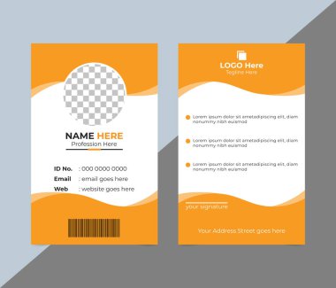 Turuncu ve beyaz bölümlü bir kimlik kartı için grafik tasarımı. Bir fotoğraf sahibi, isim, meslek, kimlik, e-posta ve web, bir barkod ve bir logo alanı için metin alanları içerir.