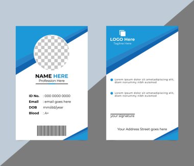 Dairesel fotoğraf tutucu, kişisel bilgiler için metin alanları ve bir barkod içeren mavi ve beyaz bir grafik kimlik şablonu.