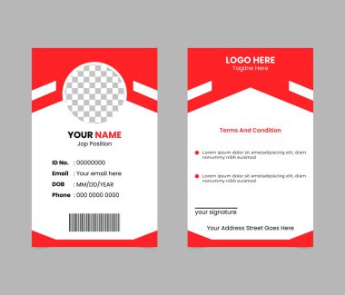 Kırmızı ve beyaz grafik tasarımı içinde boş bir kimlik kartı şablonu, dairesel fotoğraf tutacağı, kişisel bilgiler için metin alanları ve bir barkod var..