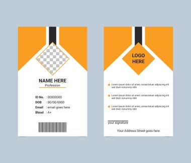 İki taraflı, turuncu ve siyah geometrik aksanlı bir kimlik kartı şablonu. İsim, meslek, kimlik numarası, DOB, e-posta, kan grubu, barkod, imza ve adres alanlarını içerir.