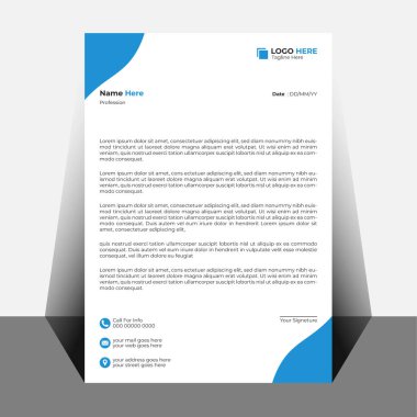 Sağ üst ve sol üst köşesinde mavi soyut şekilli beyaz bir antetli. Logo, isim, meslek, tarih ve vücut içeriği için yer tutucu metni içerir.