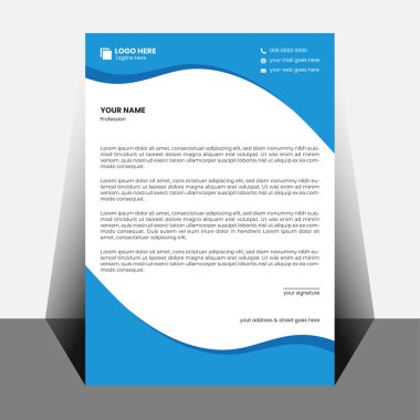 Dalgalı tasarım elementleri olan mavi ve beyaz renkli bir antetli. İsim, meslek ve vücut içeriği için yer tutucu metni ile telefon, e-posta ve web için simgeleri içerir.