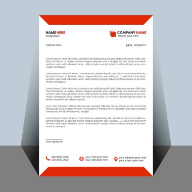 Üstü ve altı kırmızı geometrik aksanlı beyaz bir antetli. Şirket adı, adresi, tarihi ve imzası için yer tutucuları içerir.