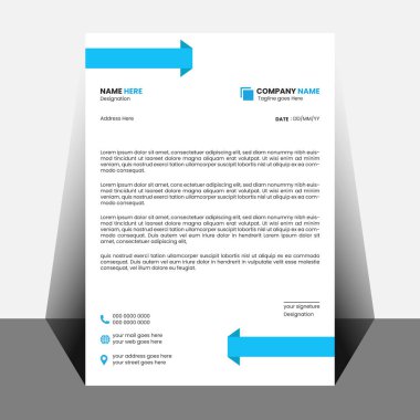 Üstü ve altı mavi grafik elementlerle dolu beyaz bir antetli. Şirket adı, atama, adres ve tarih için yer tutucu metin içerir.