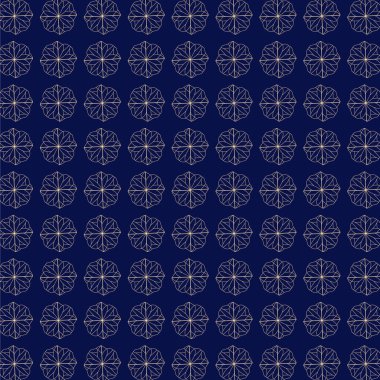 Koyu mavi arka planda tekrarlanan altın geometrik çiçek motifleri. Tasarım, simetrik ve stilize bir çiçek oluşturan karmaşık çizgi sanatını içerir..