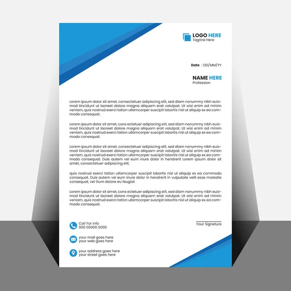 Sol ve alt kenarlarında çarpıcı mavi ve gri geometrik soyut tasarımı olan temiz beyaz bir antetli. Yer tutucu metin ve kişi simgeleri görünür.