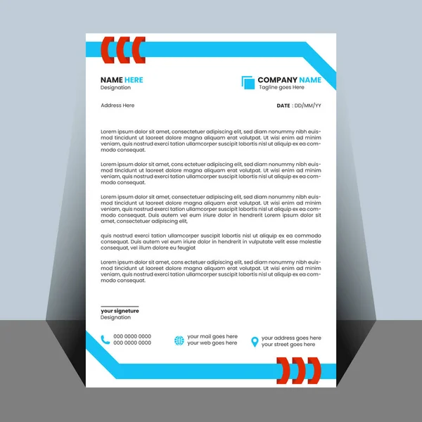 Üzerinde mavi ve kırmızı soyut grafik unsurlar olan beyaz iş anteti. Şirket adı, adresi ve iletişim bilgileri için yer tutucu metin.