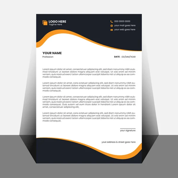 İsim, meslek, tarih, imza ve iletişim detayları için yer tutucu metin içeren beyaz antetli bir şablon üzerinde koyu mavi ve turuncu dalgalı tasarım.