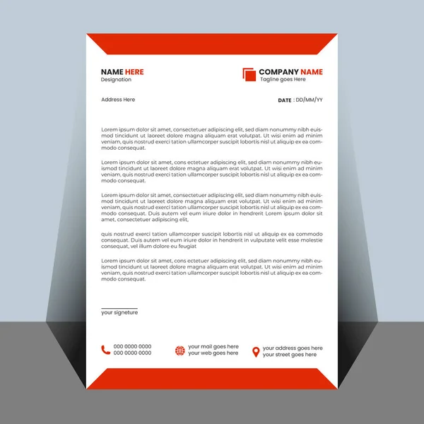 Üstü ve altı kırmızı geometrik aksanlı beyaz bir antetli. Şirket adı, adresi, tarihi ve imzası için yer tutucuları içerir.