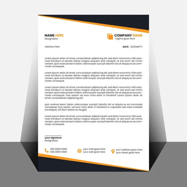 Üstü ve altı soyut turuncu ve siyah geometrik şekilli beyaz kağıt. Şirket adı, adresi, tarihi ve iletişim bilgileri için yer tutucu metni içerir.