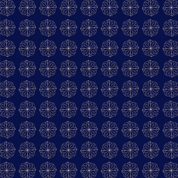 Koyu mavi arka planda tekrarlanan altın geometrik çiçek motifleri. Tasarım, simetrik ve stilize bir çiçek oluşturan karmaşık çizgi sanatını içerir..
