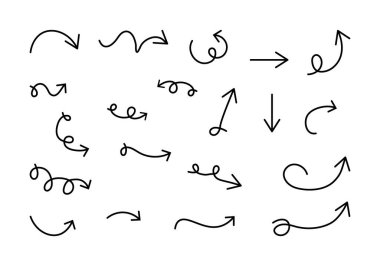 Beyaz zemin üzerinde farklı şekil ve yönlere sahip çeşitli siyah el çizilmiş oklar koleksiyonu.