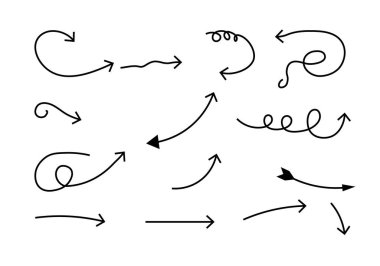 Düz beyaz arkaplan üzerinde farklı şekil ve kıvrımlara sahip çeşitli siyah el yapımı oklar koleksiyonu..