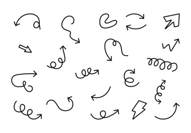 Elle çizilmiş çeşitli siyah oklar ve sade beyaz arka plana saçılmış bir yıldırım sembolü koleksiyonu..