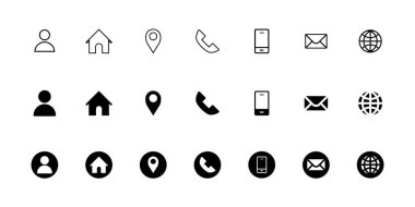 Kişiler, ev, harita, telefon, posta ve dünya sembolleri dahil olmak üzere iletişim bilgilerini temsil eden siyah ve beyaz simgelerden oluşan bir ızgara..