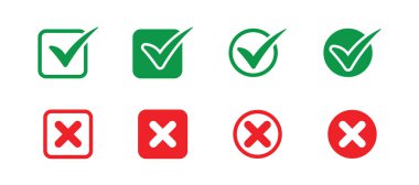 Beyaz arkaplanda çeşitli kare ve dairesel grafik tasarımlarda yeşil işaretler ve kırmızı haçlar koleksiyonu.