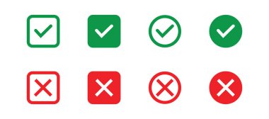 Kare ve dairelerdeki yeşil işaretlerden oluşan bir koleksiyon, ve kareler ve dairelerdeki kırmızı haçlar, hepsi beyaz bir arkaplanda izole edilmiş..