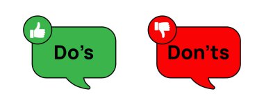 Beyaz başparmaklı yeşil bir konuşma balonu ve Do 'lar beyaz başparmak aşağı simgesi ve metni olmayan kırmızı bir konuşma balonunun yanında otururlar..