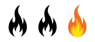 Beyaz arka planda üç stilize alev ikonu sergileniyor. İkisi koyu siyah siluetler, biri turuncu ve sarı renkte..