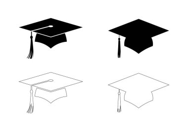 Siyah siluet ve beyaz ana hatlarıyla gösterilen dört mezuniyet şapkası, beyaz arka plana karşı izometrik bir perspektifte sunulmuştur.