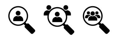 Beyaz arka planda üç siyah simge tek bir kişinin silueti üzerinde büyüteç ve iki farklı grup silueti gösteriyor..