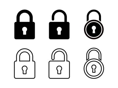 Beyaz arka planda siyah beyaz altı adet asma kilit simgesi. Üçü simsiyah, üçü ana hatları. Bazıları açık, bazıları kapalı..