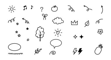 Siyah çizgi sanat eserleri koleksiyonu. Güneş bulutu müziği de dahil. Elma ağacı yıldırımları ve beyaz üzerine ananas notaları..