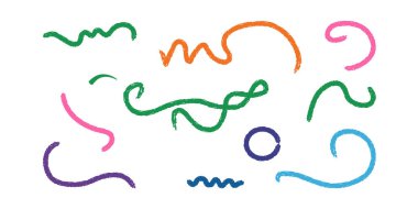 Beyaz arkaplanda yeşil, turuncu, pembe, mor, mavi ve deniz mavisi renginde renkli fırça darbeleri ve çizgilerinden oluşan bir koleksiyon..