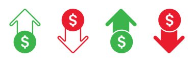 Dört grafik simgesi daire içinde dolar işaretleri gösteriyor, yukarı doğru yeşil oklar ve aşağı doğru kırmızı oklarla eşleştirilmiş, finansal değişiklikleri sembolize ediyor..