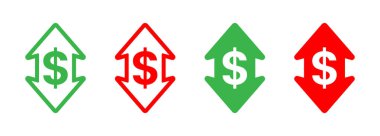 Beyaz arka planda dört grafik simgesi yönlü oklar içinde dolar işaretleri tasvir ediyor. İki ok yukarı bakan yeşil, iki ok da aşağıya bakan kırmızı..