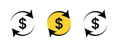 Beyaz arka planda dairesel okları olan üç siyah dolar işareti simgesi. Bir simge sarı bir çemberin içinde merkezlenmiş..