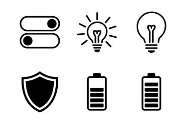 Beyaz arkaplanda altı siyah dış hat simgesinden oluşan bir koleksiyon, ışınlı bir ampulü, bir kalkanı ve iki pil şarj göstergesini değiştirmeyi içerir.