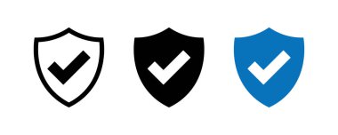 Üç kalkan simgesi yan yana gösteriliyor. İlki siyah işaretli bir taslak kalkan. İkincisi, beyaz işaretli koyu siyah bir kalkan. Üçüncüsü, beyaz işaretli katı mavi bir kalkan..