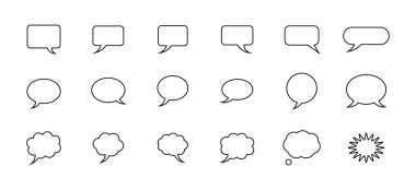 Yuvarlak dikdörtgenler, oval ovaller, bulutlar ve beyaz arka planda bir yıldız patlaması da dahil olmak üzere çeşitli şekillerde kara hatlı konuşma ve düşünce baloncukları koleksiyonu..