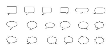 Beyaz arka planda çeşitli siyah ana hatlı konuşma ve düşünce baloncukları koleksiyonu. Farklı şekiller yuvarlak dikdörtgenler, oval, bulutlar ve yıldız patlamaları içerir..