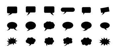 Beyaz arka planda çeşitli siyah konuşma baloncukları ve düşünce bulutları bir araya toplanır..