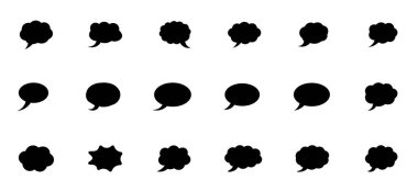 Beyaz bir arkaplan karşısında çeşitli şekil ve boyutlarda siyah konuşma baloncukları ve düşünce bulutları..